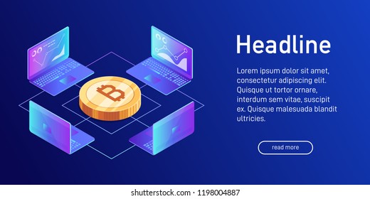 Isometric concept of mining bitcoin, landing page design. Earning cryptocurrency using laptop. Laptops, network, analysis and statistics. 3d gold bitcoin. Vector illustration.