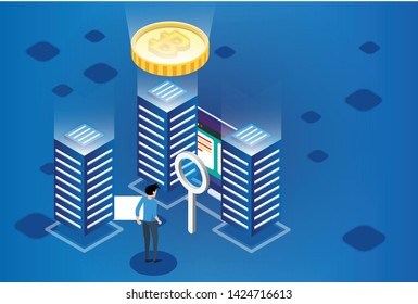 Isometric concept of mining bitcoin in purple background. Earning cryptocurrency. Laptops and servers. 3d gold bitcoin. Web background. Vector illustration.