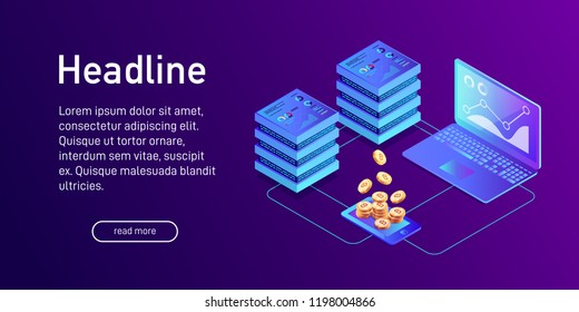 Isometric concept of mining bitcoin using laptop, servers, tablet, landing page design. Laptops, network, analysis and statistics, e-commerce. 3d gold bitcoins. Vector illustration.