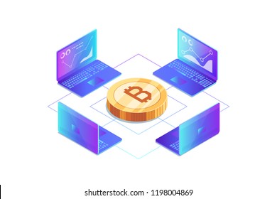 Isometric concept of mining bitcoin using laptop. Earning cryptocurrency. Laptops, network, analysis and statistics. 3d gold bitcoin. Web background. Vector illustration.