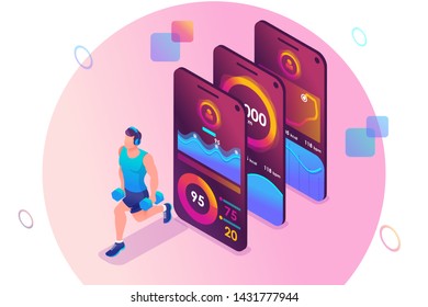 Isometric concept The mobile app tracks a person's training. The athlete trains the major muscle groups. Concept for web design