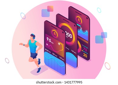 Isometric concept The mobile app tracks a person's training. Athlete training, a man running. Concept for web design