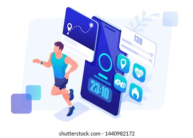 Isometric concept mobile app tracks your workout, male athlete on a run. Training of a young man. Concept for web design