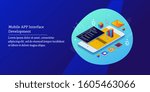 Isometric concept, Mobile apps, App development, conceptual vector banner for technology marketing