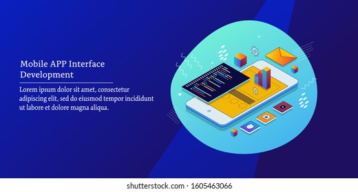 Isometric concept, Mobile apps, App development, conceptual vector banner for technology marketing