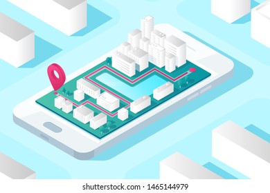 Isometric concept of mobile navigation.  City plan with road, lake and buildings on screen smartphone. mobile map application. GPS satellite navigation. banner for travel, tourism and location route
