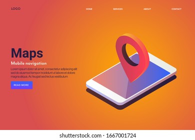 Isometric concept of Mobile navigation, GPS, Mobile communication - 3d vector  landing page