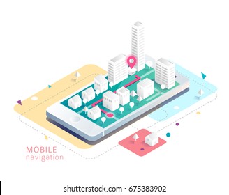 Isometric concept of mobile navigation. Smartphone with map and route. Vector illustration.
