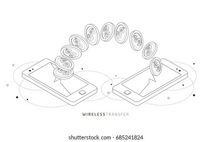Isometric concept of mobile payment. Money transfer between phones. Wireless technology. Vector illustration.