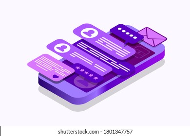 Isometric concept with mobile phone and chat. Chatting sending and receiving messages and sms. Online conversation. Social network. Vector illustration. EPS