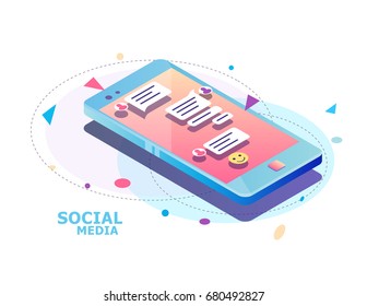 Isometric concept with mobile phone and chat. Chatting: sending and receiving messages and sms. Online conversation.  Social network. Vector illustration.