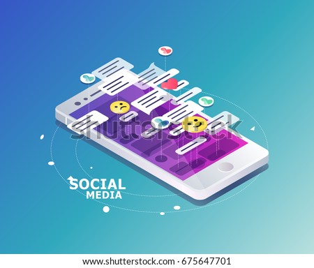 Isometric concept with mobile phone and chat. Chatting: sending and receiving messages and sms. Online conversation.  Social network. Vector illustration.