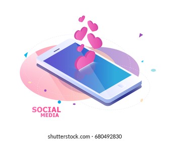 Isometric Concept With Mobile Phone And Falling Hearts And Likes. Push Notification Of Appreciation. Vector Illustration.