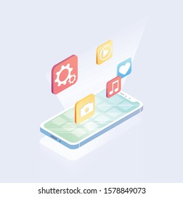 Isometric concept with mobile phone, missed calls, icons of messages. sms and mails notification. Vector illustration.