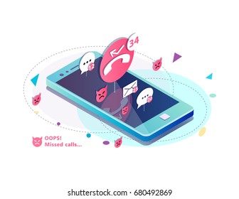 Isometric Concept With Mobile Phone, Missed Calls, Icons Of Messages. Sms And Mails Notification. Vector Illustration.