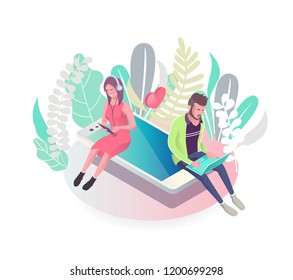 Isometric concept with mobile phone and people. Online dating and virtual communication. Vector illustration.