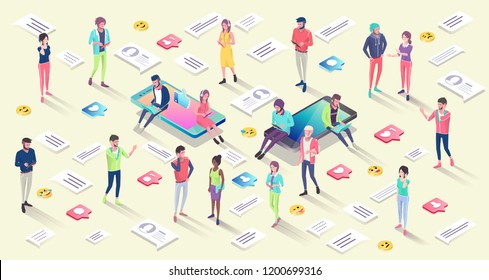 Isometric Concept With Mobile Phone, People And Push Notification With Likes, New Comments, Messages And Followers.Vector Illustration.