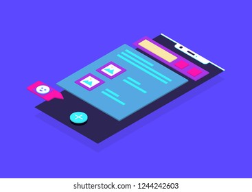 Isometric concept with mobile phone and photos. Chatting. Social network. Vector illustration.