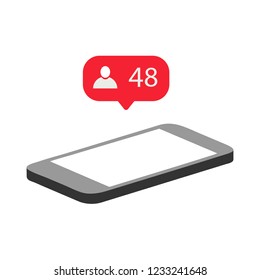 Isometric concept with mobile phone and push notification with followers.