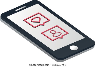 Isometric concept with mobile phone and push notification with likes and followers.Vector illustration.