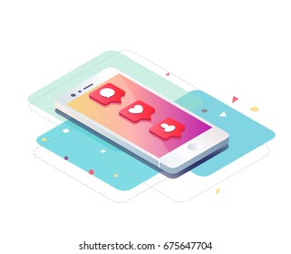 Concepto isométrico con teléfono móvil y notificaciones de inserción con me gusta, nuevos comentarios, mensajes y seguidores. Conjunto de notificaciones en medios sociales con aprecio.Ilustración vectorial.