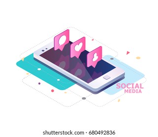 Isometric Concept With Mobile Phone And Push Notification With Likes, New Comments, Messages And Followers. Set Of Social Media Notification With Appreciation.  Vector Illustration.