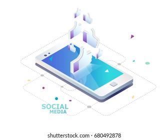 Isometric concept with mobile phone and thumbs up hand. Social network like icon. Push notification of appreciation. Vector illustration.