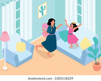 Isometric concept of motherhood with mother and little daughter wearing costumes of fairy tale characters and dancing together vector illustration