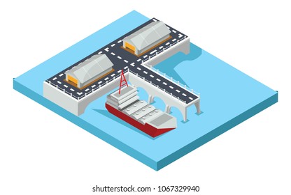 isometric concept of moving goods at port, vector illustration