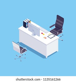 Isometric concept of office desktop on blue background. Receiving room for reception of visitors. 3d armchairs, table, computer, folders. Vector illustration.