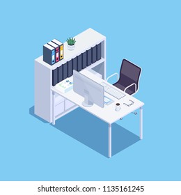 Isometric concept of office workplace with file-cabinet. Desktop for hr-manager, accountant, ceo. Vector illustration.