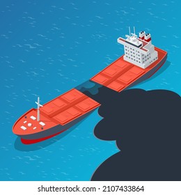 Isometric concept of oil spill on the water after crash and sink of the tanker. Ecological and environmental disaster.