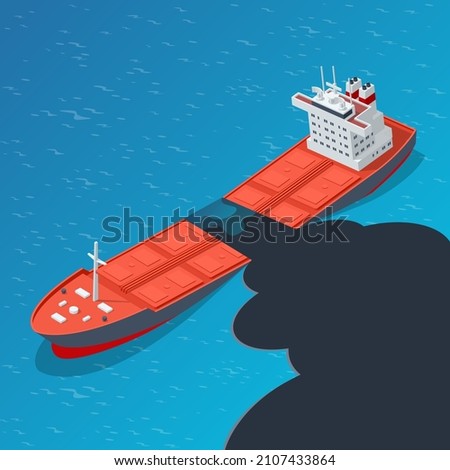 Isometric concept of oil spill on the water after crash and sink of the tanker. Ecological and environmental disaster.