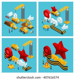 Isometric concept for on 9 May. steps for the creation and preparation of the celebration. Development of the project, the structure. Construction, crane, truck, work. Vector illustration