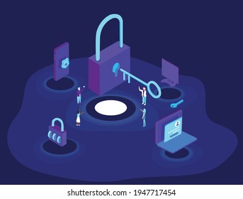 Isometric concept on internet or cyber or network security. This illustration shows cyber and network security in different devices and how much it is important these days to  maintain privacy