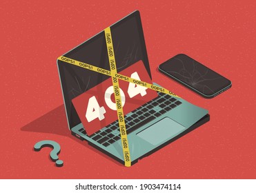 Isometric concept on the theme of 404 error with laptop