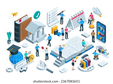 isometric concept on the topic of reading and learning, in color on a white background, people read books in the online library and on the Internet