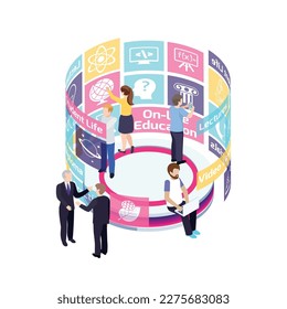 Isometric concept of online education with distant tutors and students using virtual screen 3d vector illustration