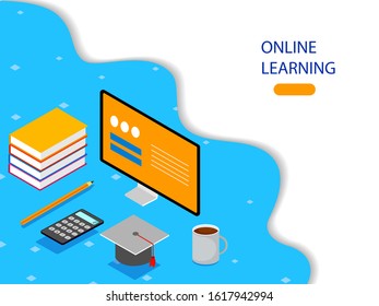 Isometric concept of Online Education e-learning system in modern simple flat style. Vector illustration