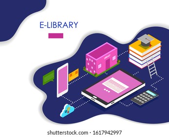 Isometric concept of Online Education e-learning system in modern simple flat style. Vector illustration