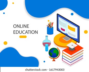 Isometric concept of Online Education e-learning system in modern simple flat style. Vector illustration