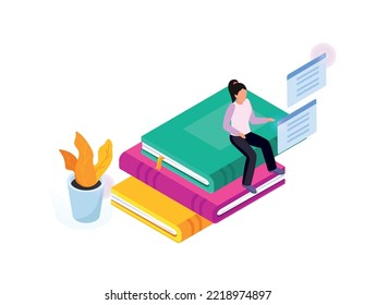 Isometric Concept Of Online Education Library Ebooks 3d Vector Illustration