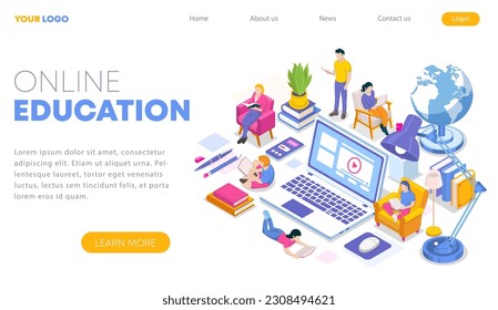 Isometric concept of online education in modern flat design. Landing page template. Training courses, tutorials, lectures. Vector illustration for web banner, infographics, and website.

