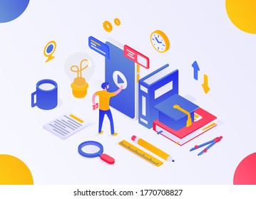 Isometric concept of online learning. E-learning. A person launches training around which subjects for learning are located. Gradient.Сan be used on web pages, web banners, web sites, in presentations