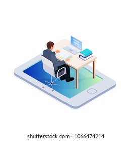 Isometric concept of online learning. A young man sits at a table and reads a book. 3d concept of distance learning courses. Vector illustration.