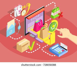 Isometric concept of online shopping. Safe shopping online with payment options. Vector illustration