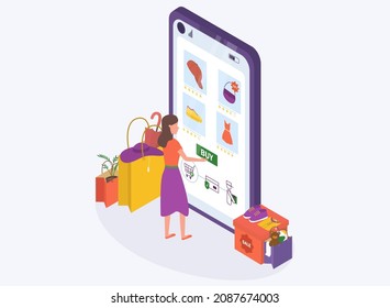 Isometric concept of online shopping. A young woman buys, orders things in an online store. A large isometric mobile phone. Modern buyer, consumerism, the concept of electronic purchases.