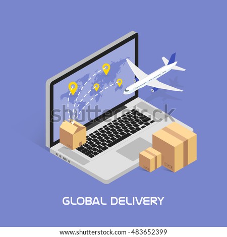 Isometric Concept Online tracking. Shipping and global deliveries by air service. Cardboard boxes with products. Aircraft flying. Image in vector format.