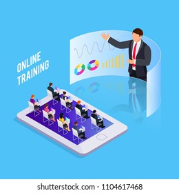 Isometric concept online training. 3d training with people on smartphone. People at business training. Vector illustration.