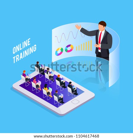 Isometric concept online training. 3d training with people on smartphone. People at business training. Vector illustration.